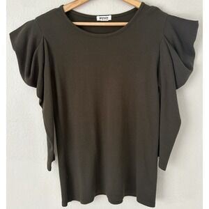 LAmade Power Shoulder Cap 3/4 Sleeve Stretch Knit Modern Top Olive Green Small‎